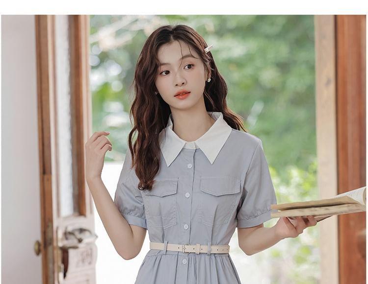 Short-Sleeve Collared Plain Midi A-Line Dress Product Image