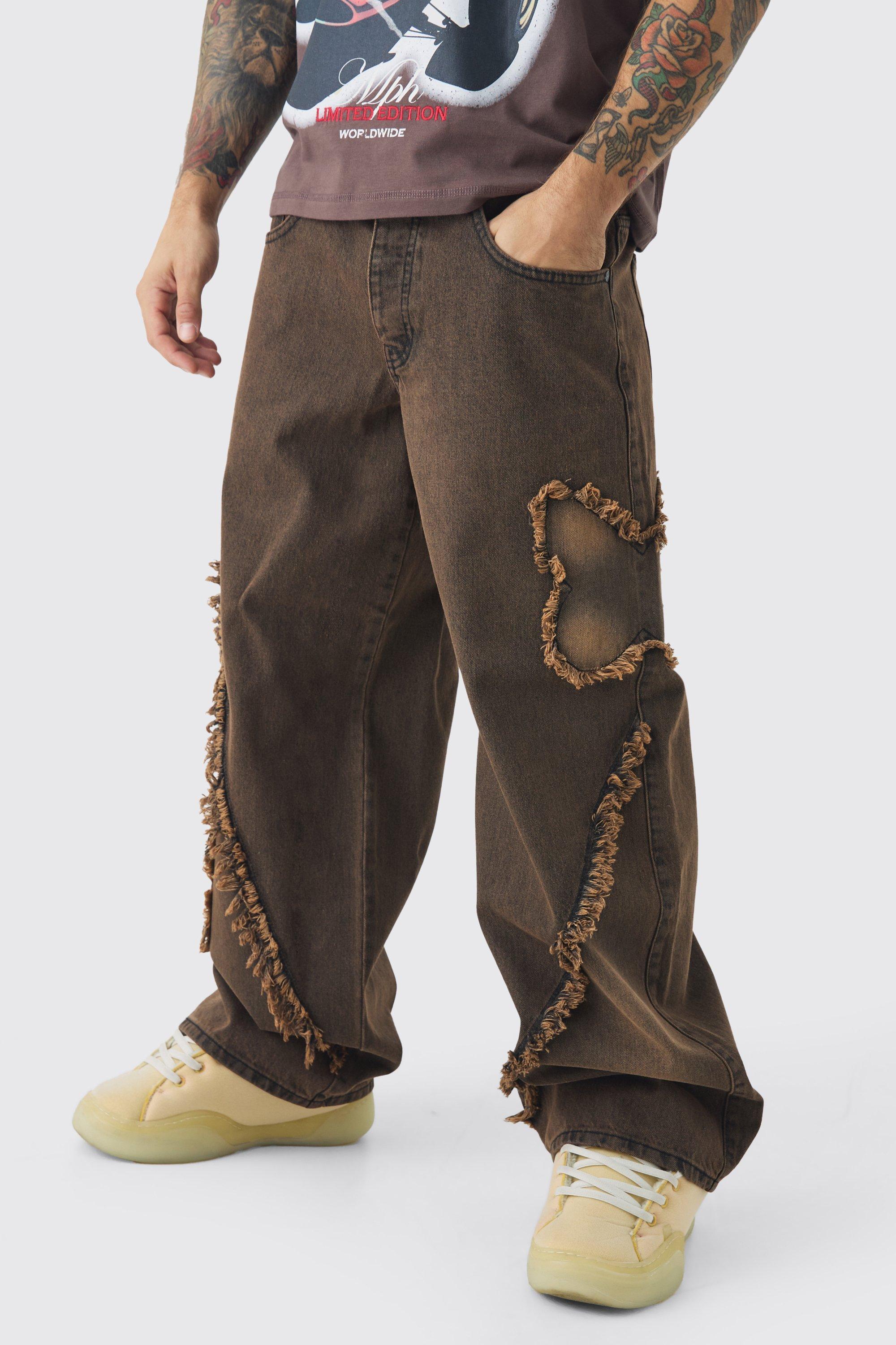 Mens Brown Baggy Rigid Butterfly Applique Denim Jeans, Brown Product Image