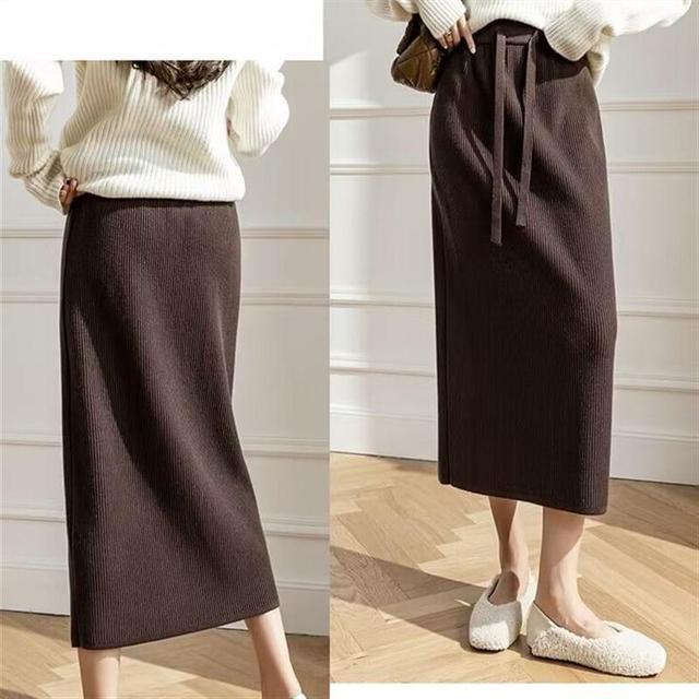 Drawstring Waist Plain Ribbed Midi Pencil Knit Skirt Product Image