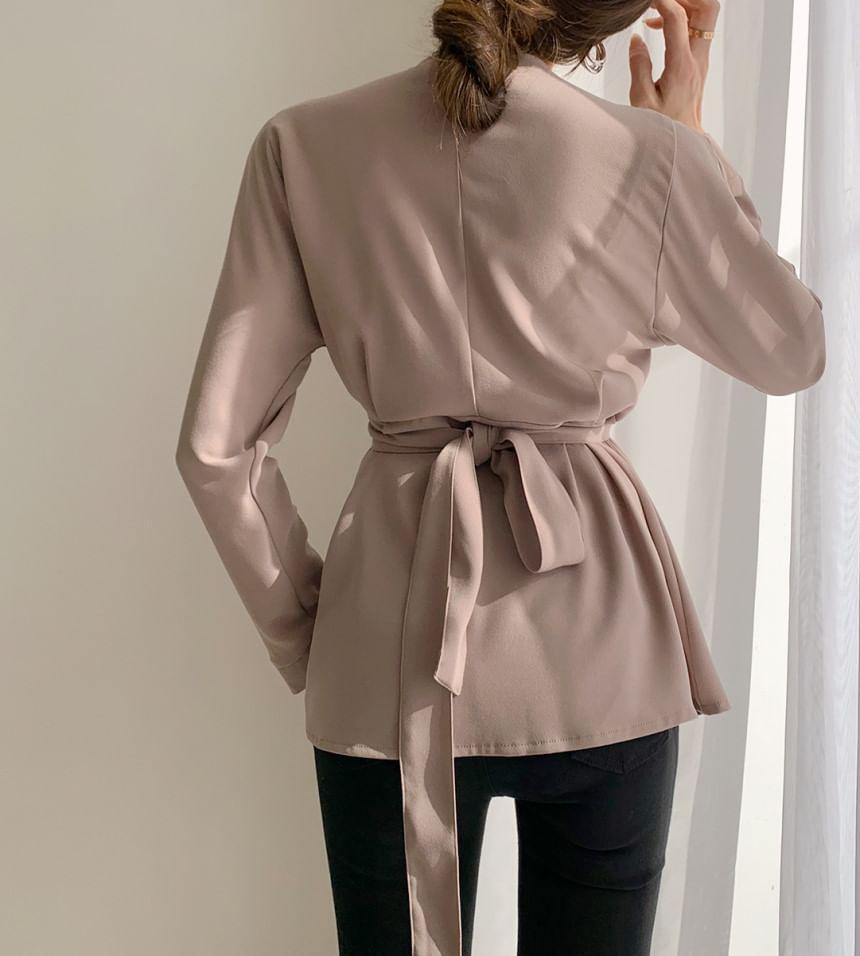 Long-Sleeve V-Neck Plain Tie Waist Buttoned Wrap Blouse Product Image