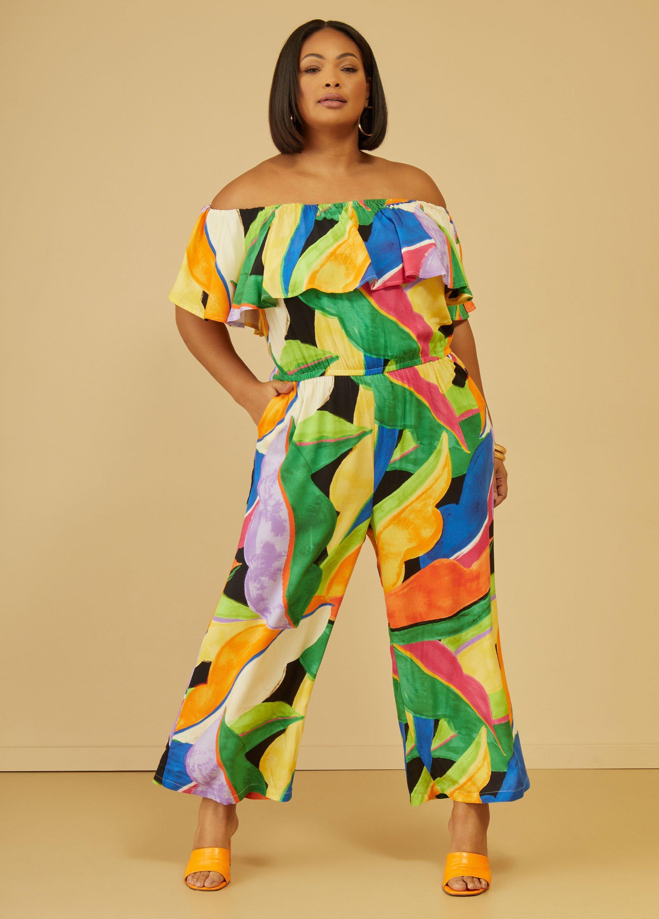 Plus Size Off The Shoulder Tropical Jumpsuit Ashley Stewart Product Image