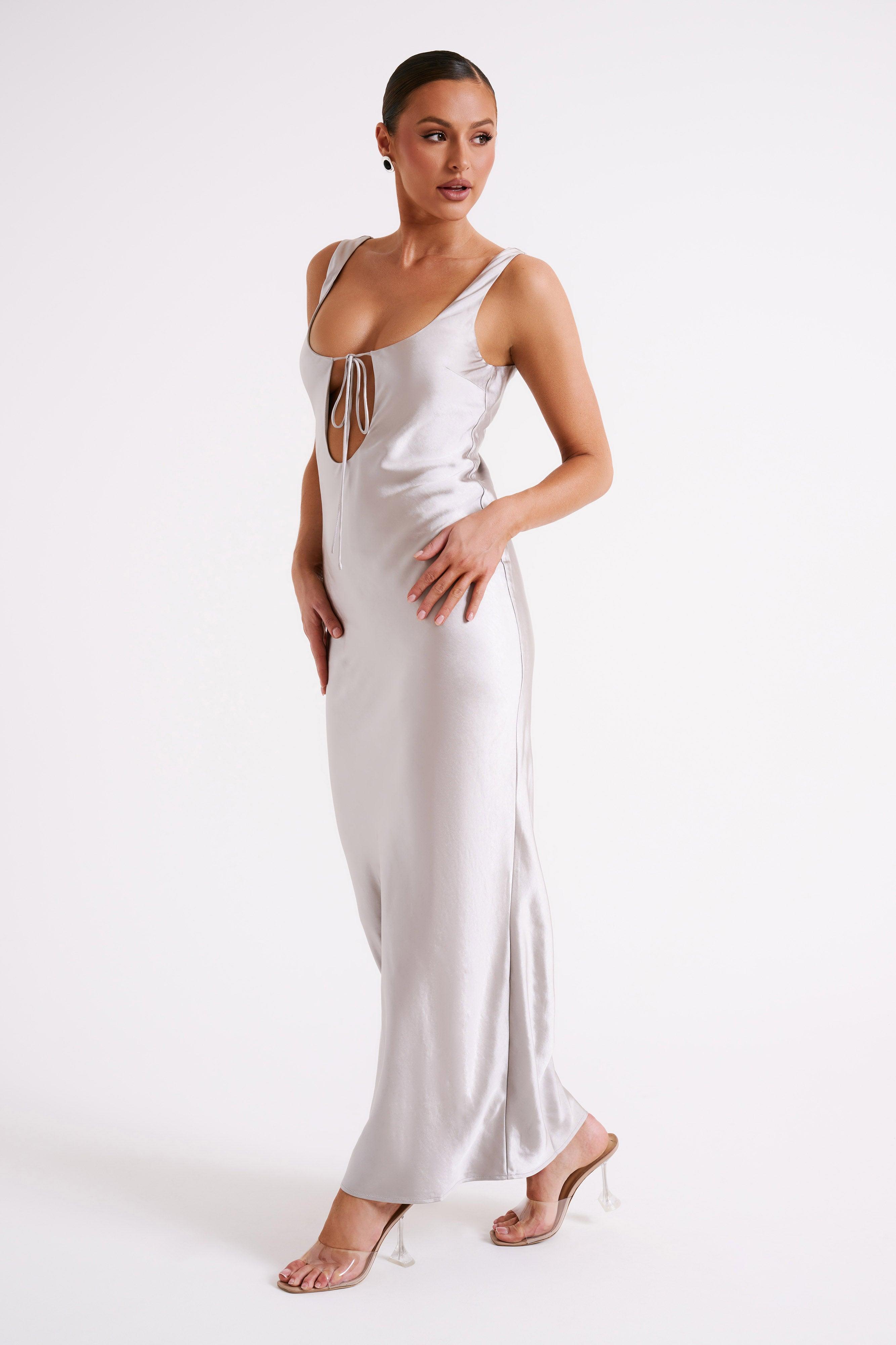 Aubrie Keyhole Satin Maxi Dress - Silver Product Image