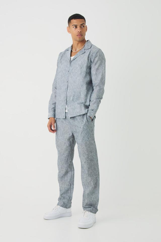 Long Sleeve Linen Look Revere Shirt & Straight Pants Set | boohooMAN USA Product Image