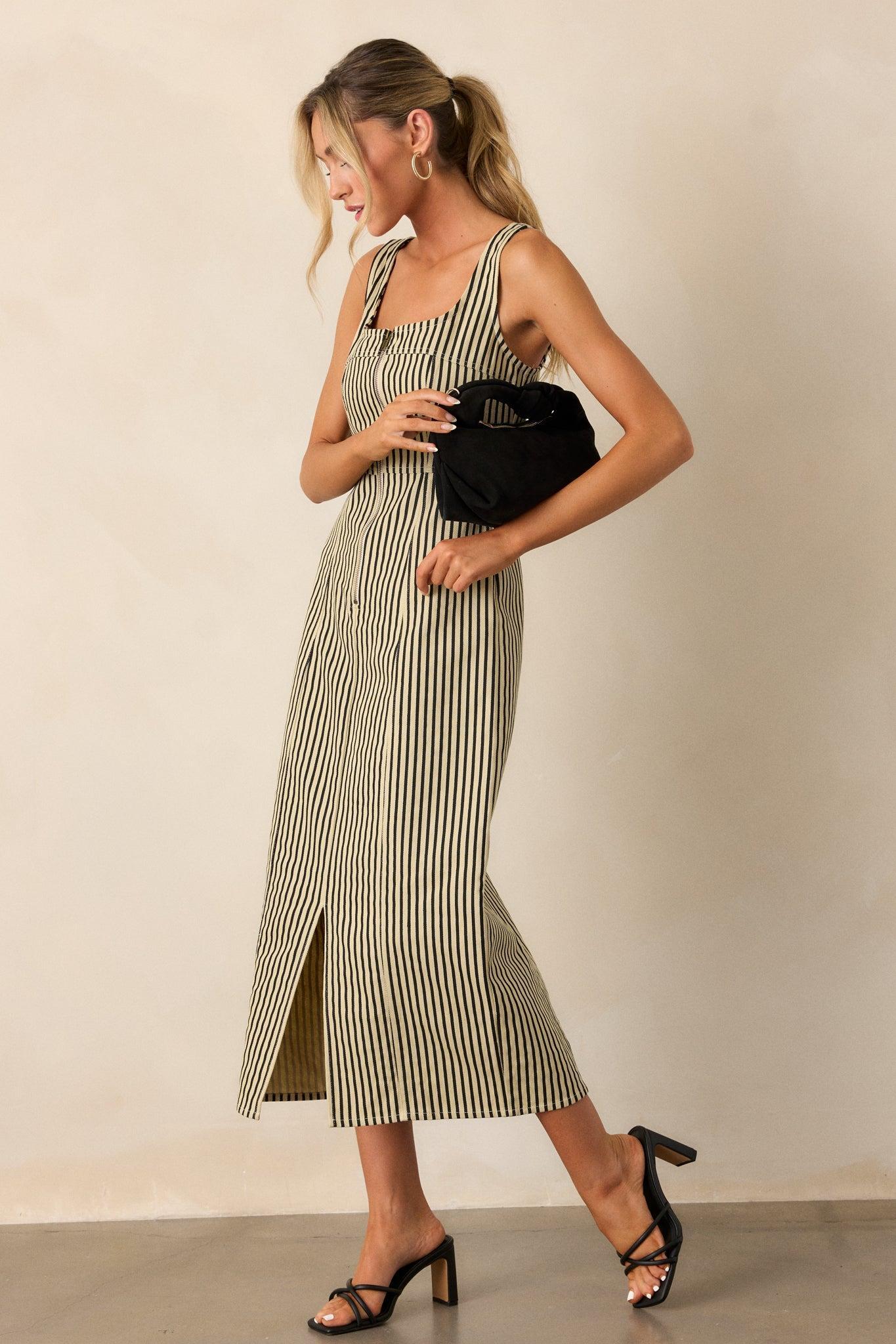 Timeless Beauty Black Stripe Zip Front Denim Maxi Dress Product Image