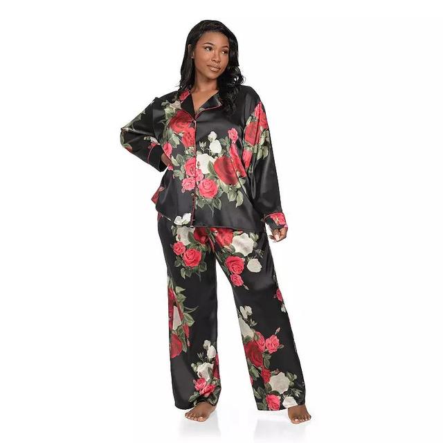 Plus Size Lilac+London Satin Notch Collar Pajama Top & Pajama Bottoms Set, Womens Product Image