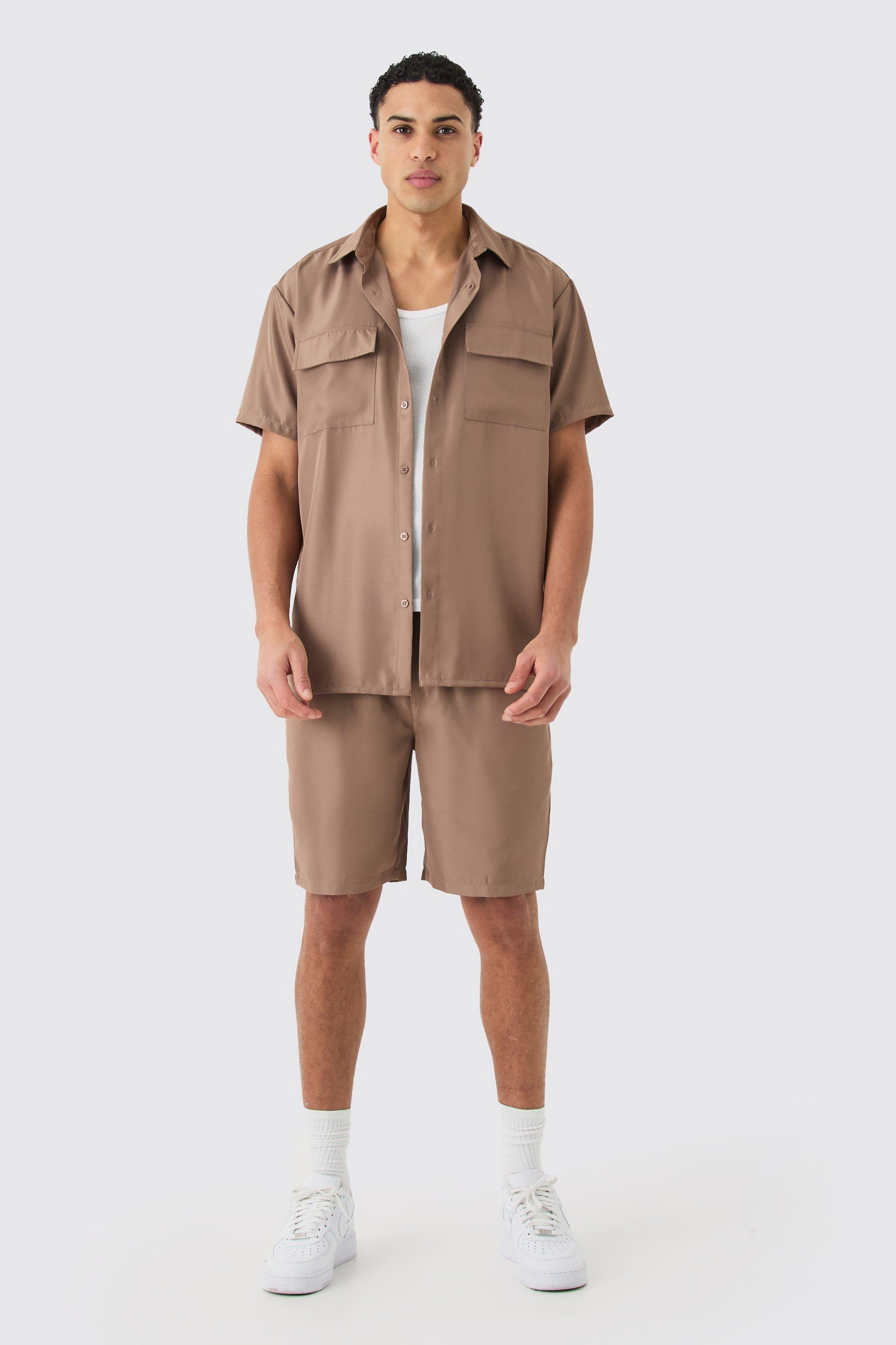 Short Sleeve Soft Twill Overshirt And Short Set | boohooMAN USA product image