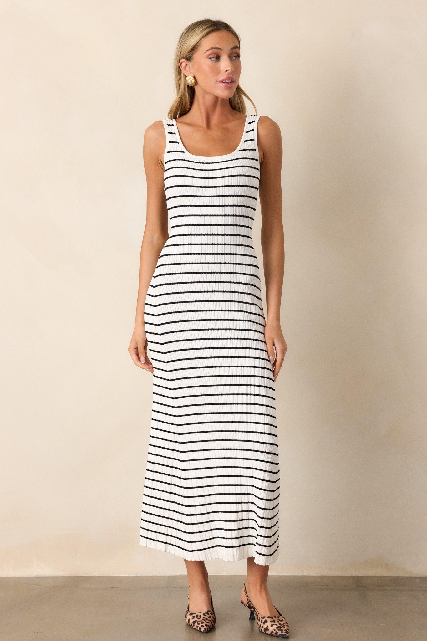 Classic Rhythm White Stripe Ribbed Midi Dress Product Image