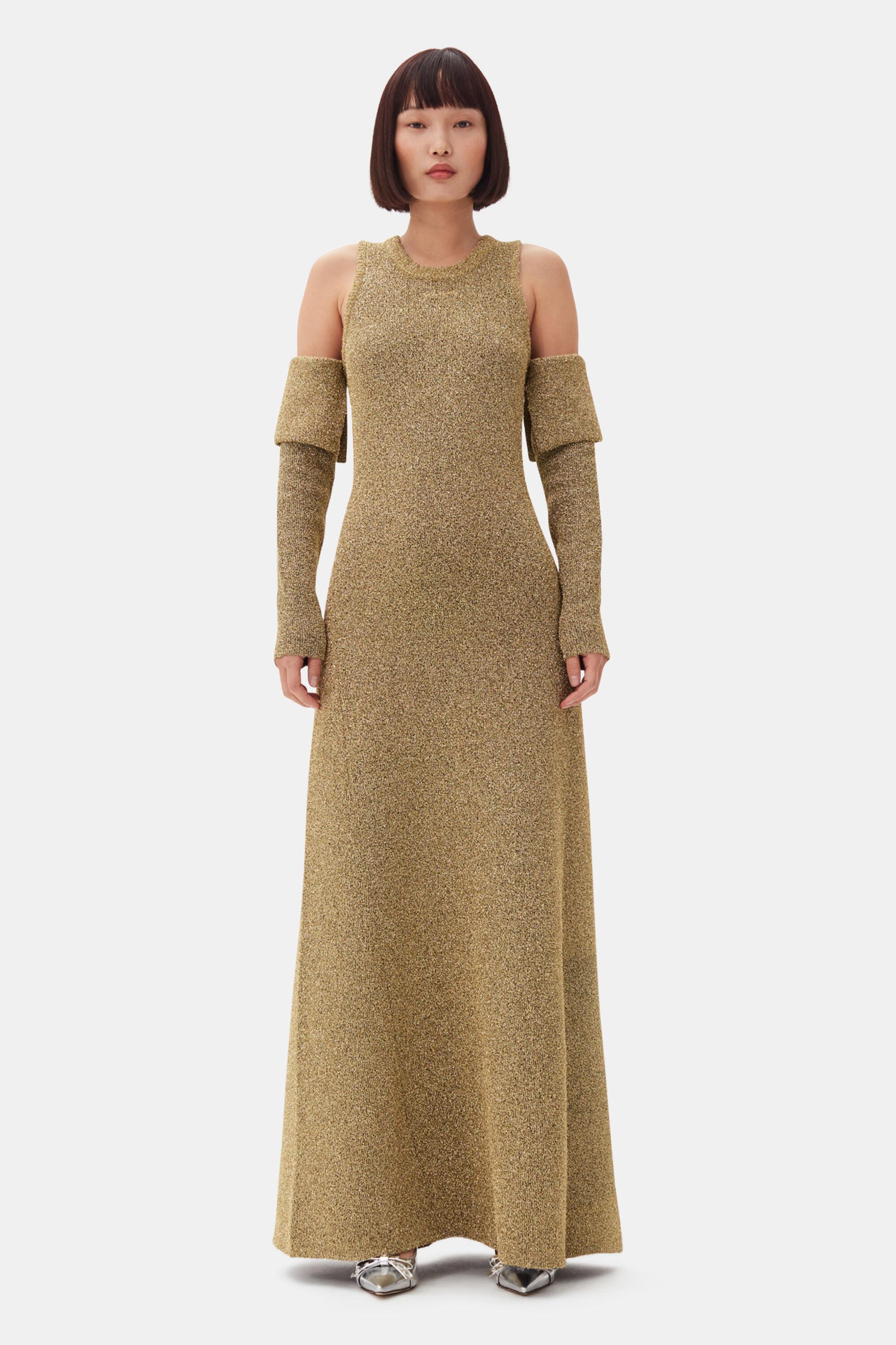 Gold Sparkle Cold-Shoulder Maxi Dress Product Image