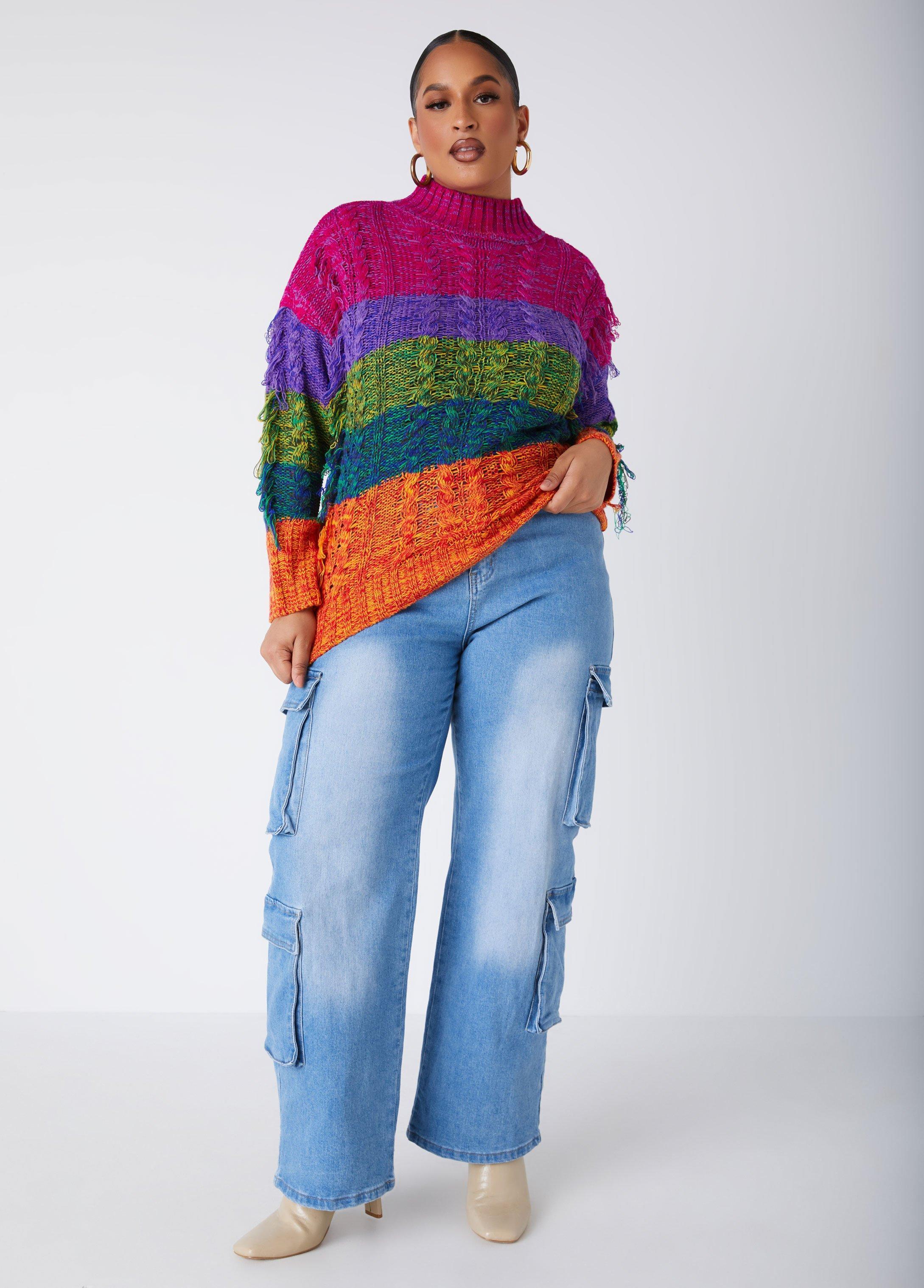 Fringed Rainbow Cable Knit Sweater Product Image