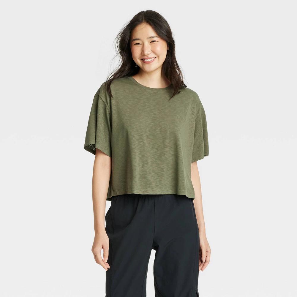 Womens Boxy Open Back Cropped Short Sleeve Shirt - JoyLab Olive Green XXL Product Image