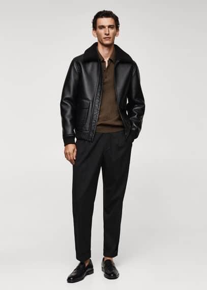 MANGO MAN - Shearling-lined leather-effect jacket blackMen Product Image