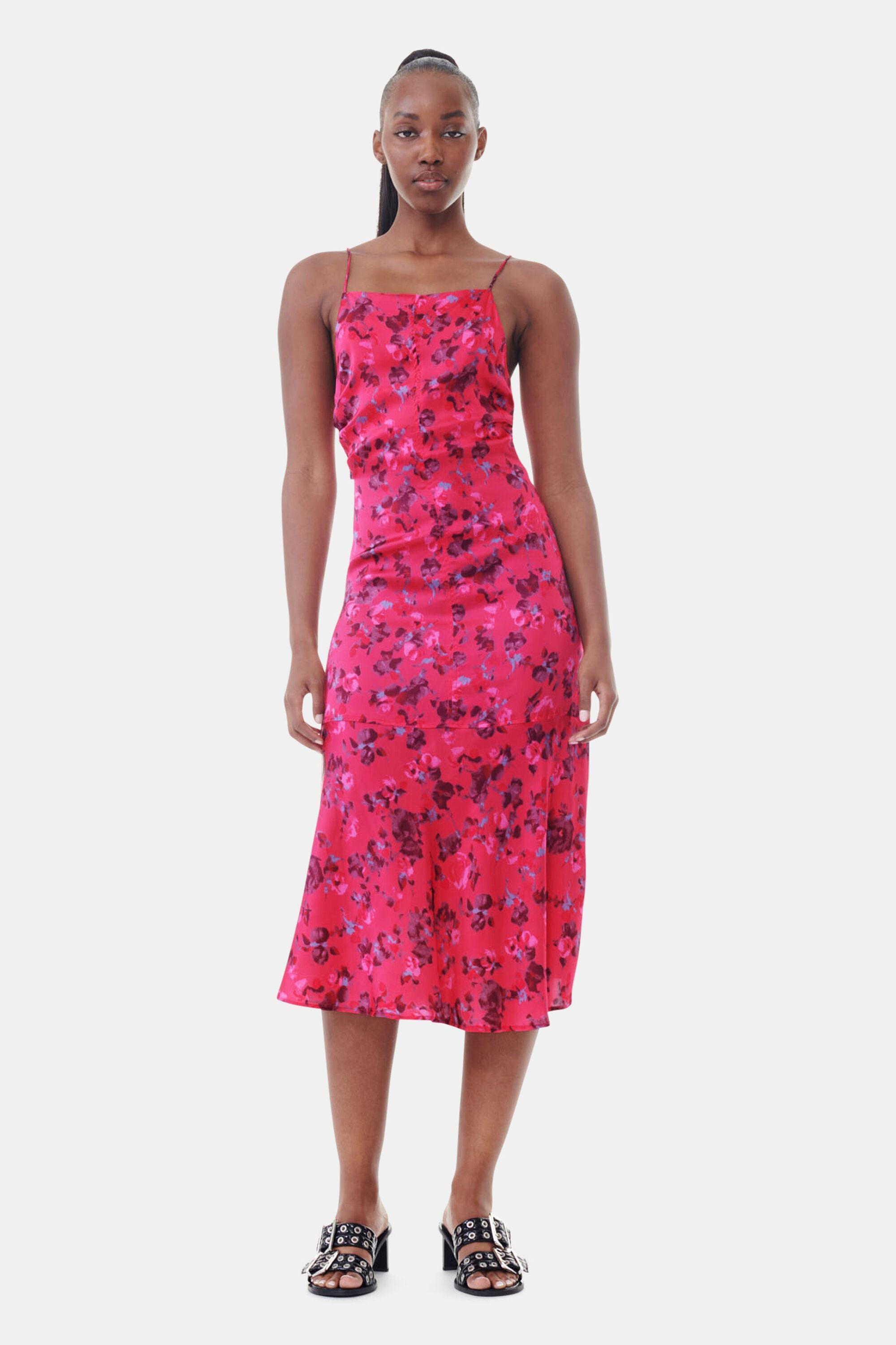 Pink Floral Printed Satin Midi Dress Product Image