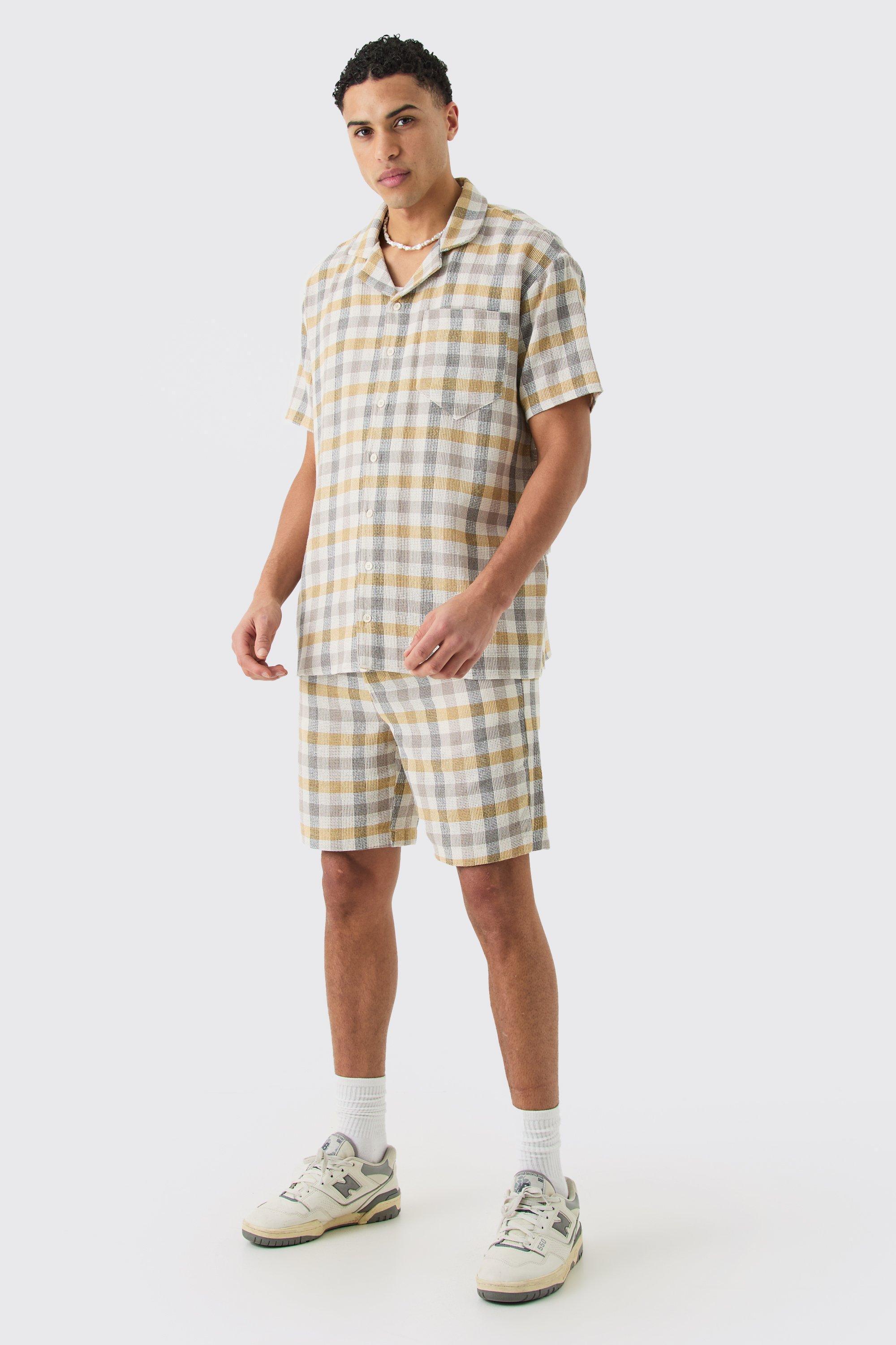 Oversized Mini Textured Flannel Shirt And Short | boohooMAN USA Product Image