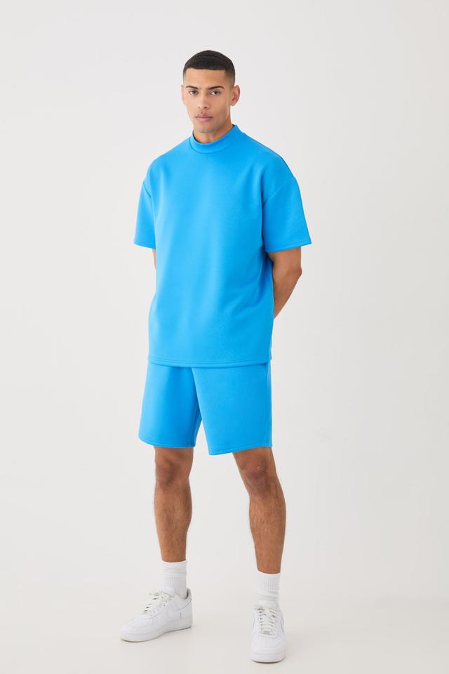 Mens Blue Oversized Scuba T-shirt & Relaxed Short Set, Blue Product Image