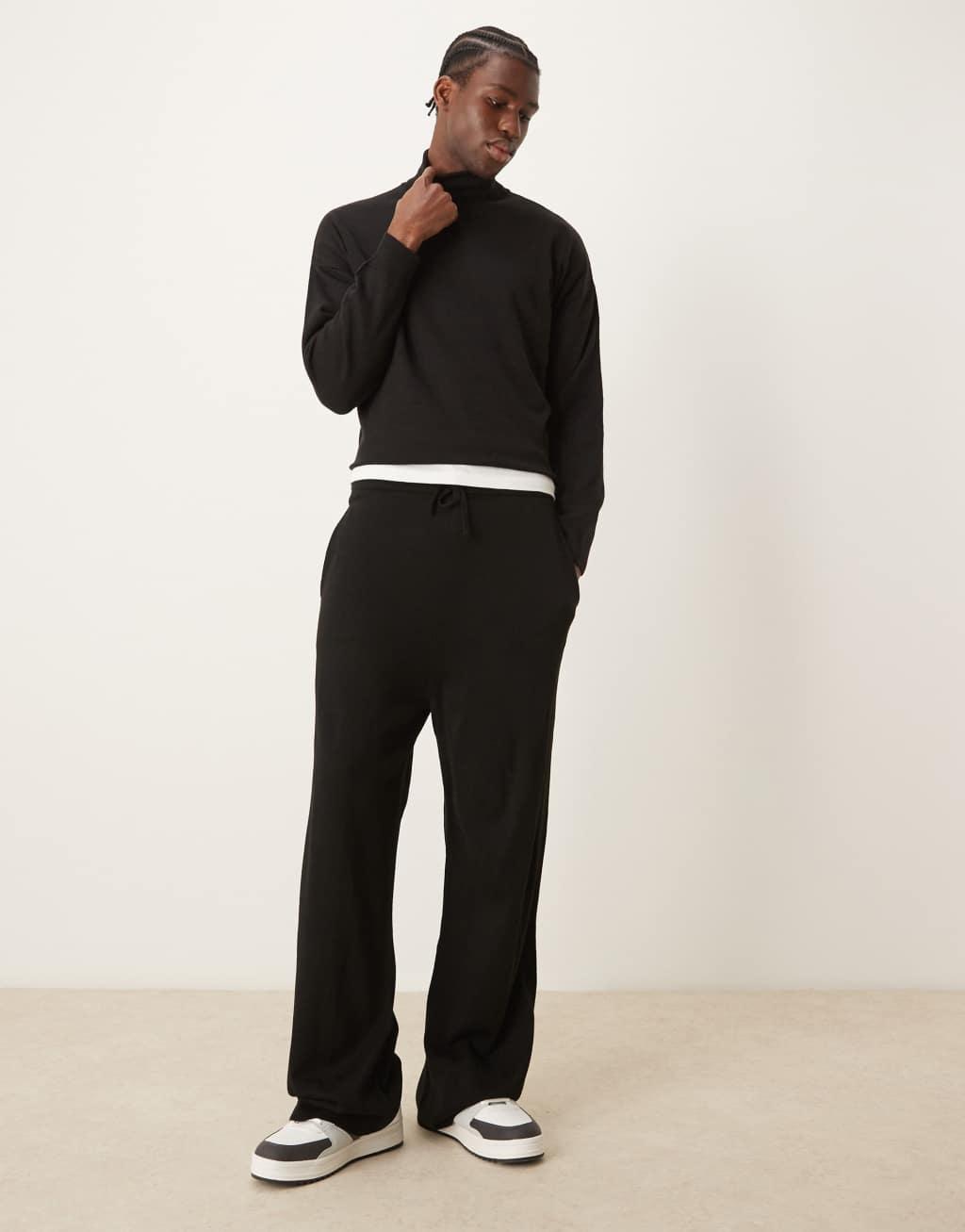 ASOS DESIGN wide leg knit pants in black - part of a set Product Image