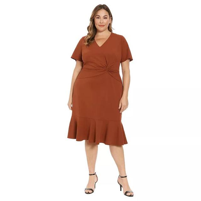 Plus Size London Times V-Neck Twist Flounce Midi Dress, Womens Product Image