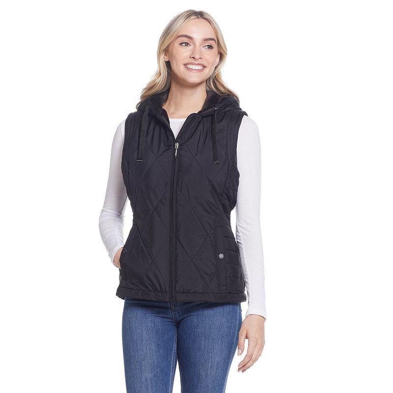 Womens Weathercast Hood Plush Lined Quilted Vest Blue Product Image