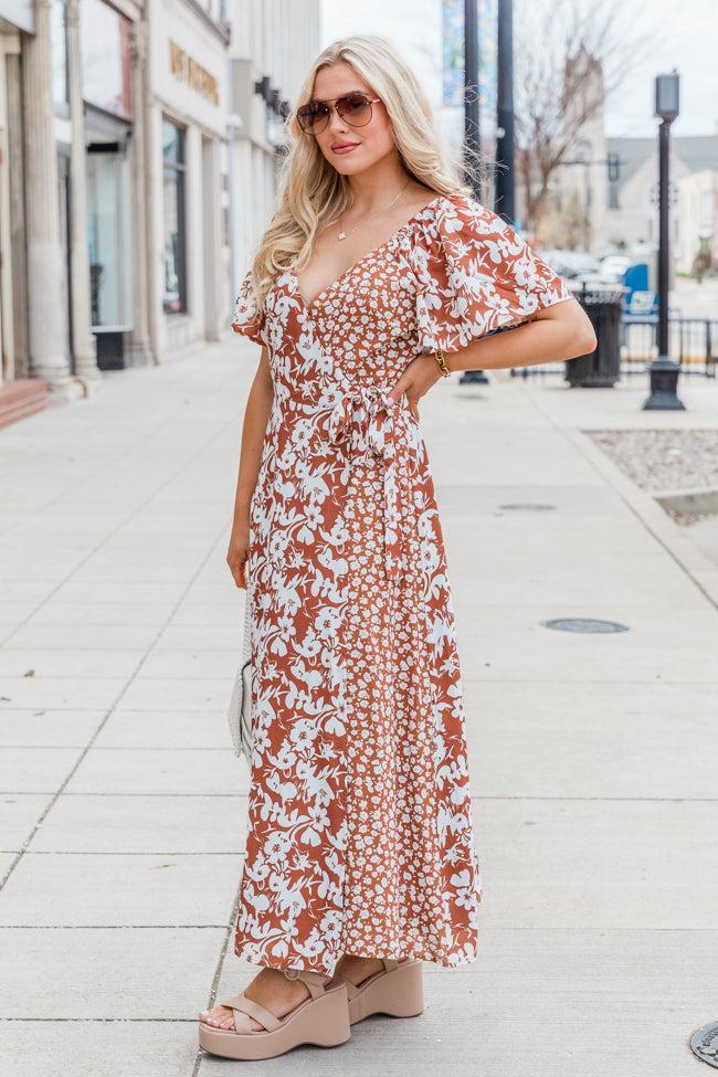 Know My Heart Brown Floral Contrast Flutter Sleeve Maxi Dress FINAL SALE Product Image