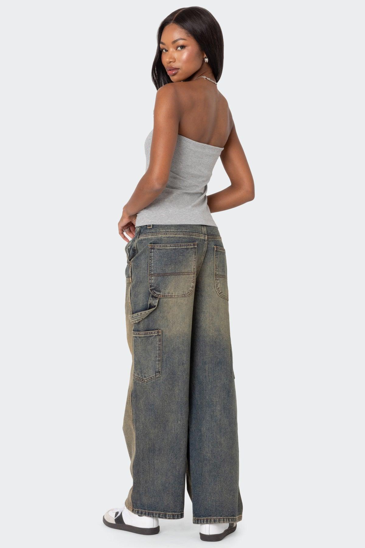 Contrast Panel Low Rise Washed Jeans Product Image