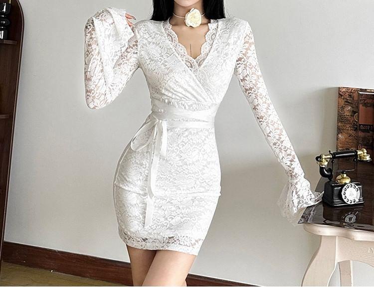 Long-Sleeve V-Neck Bow Lace Mini Sheath Dress Product Image