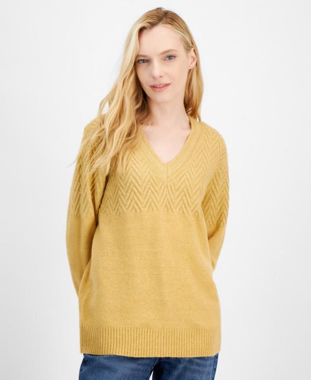 Style & Co Womens Lurex Shine Mixed-Stitch V-Neck Sweater, Created for Macys Product Image