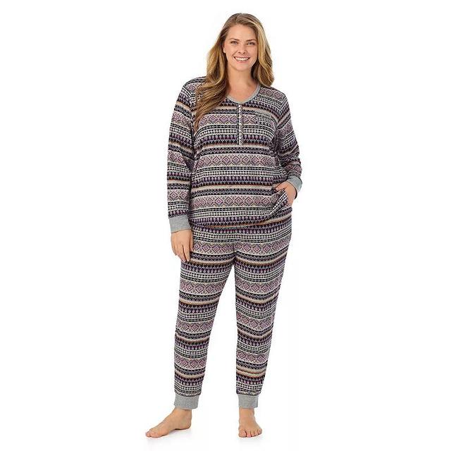 Plus Size Cuddl Duds Cozy Long Sleeve Henley Pajama Top & Pajama Bottoms Set, Womens Cream Brown Product Image