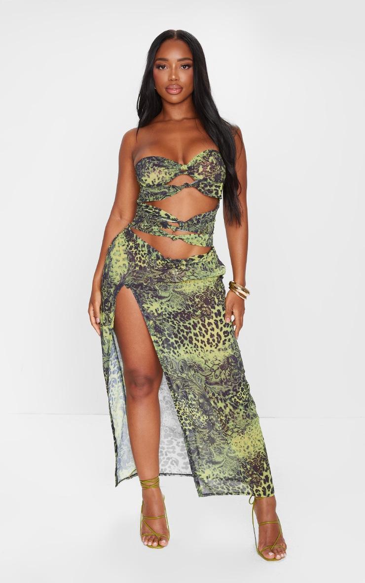 Shape Green Chiffon Leopard Printed Bandeau Cut Out Split Maxi Dress product image