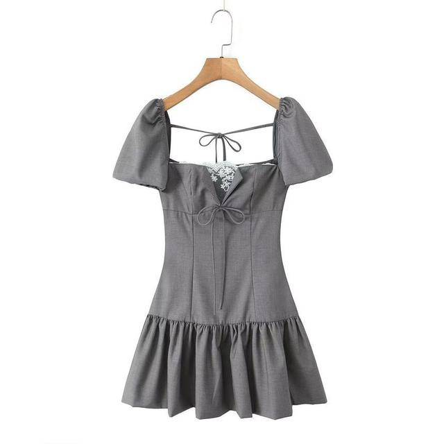 Short-Sleeve Square Neck Plain Mini A-Line Dress Product Image