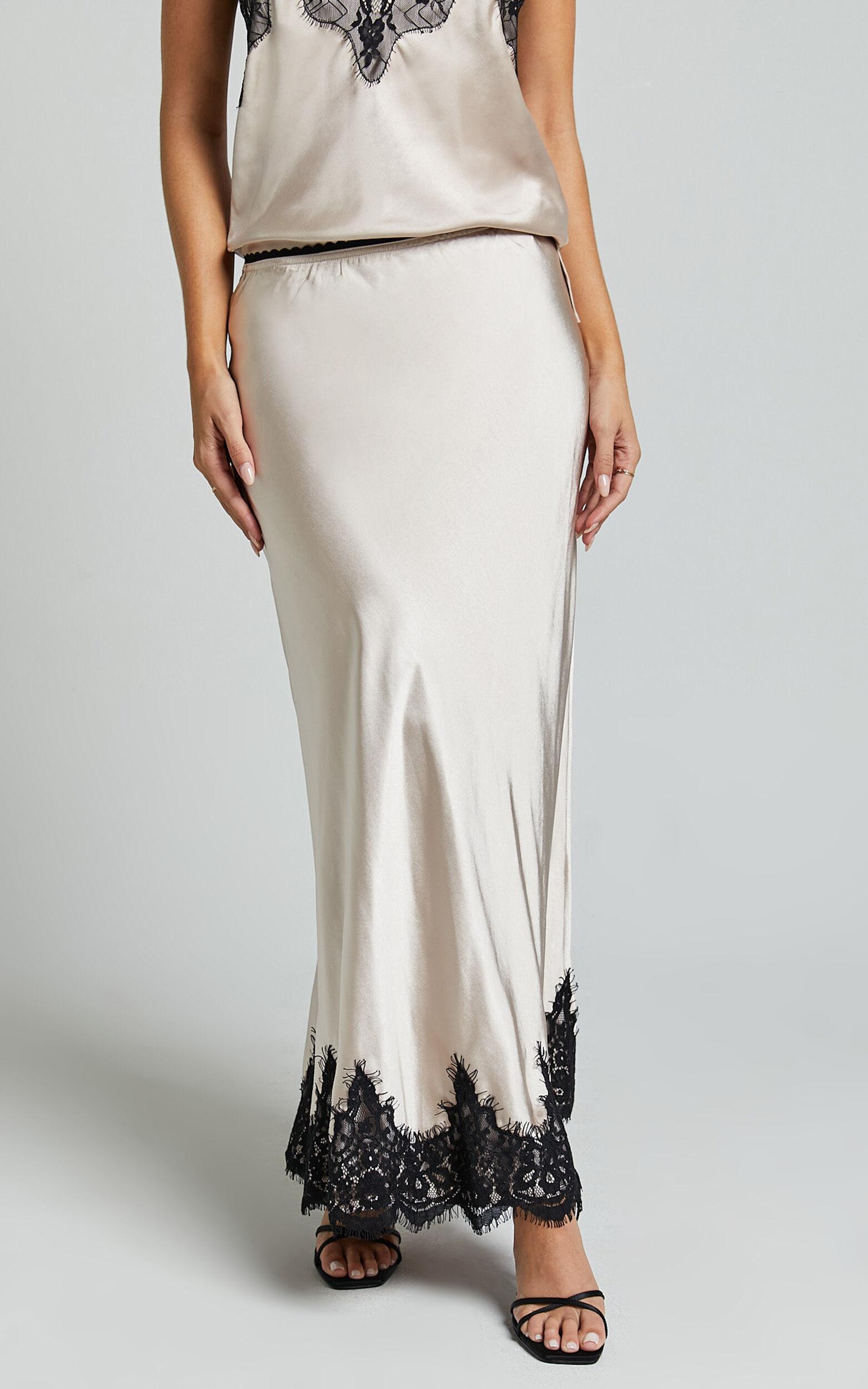 Zareena Midi Skirt - Lace Trim Slip Skirt in Oyster Product Image