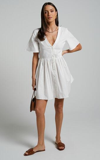 Staycation Mini Dress - Smock Button Up Dress in White Product Image