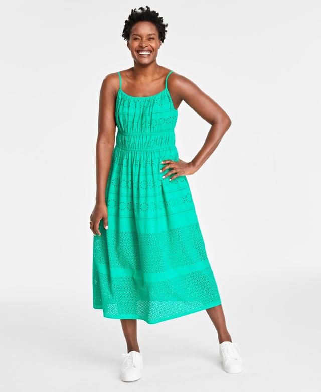 On 34th Womens Cotton Eyelet Smocked-Waist Dress, Created for Macys Product Image