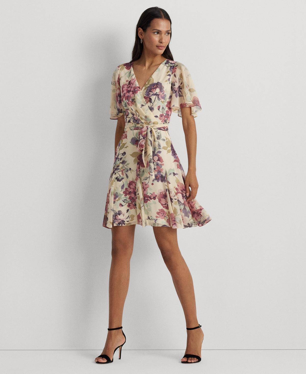 Lauren Ralph Lauren Womens Floral Crinkle Georgette Surplice Dress Product Image