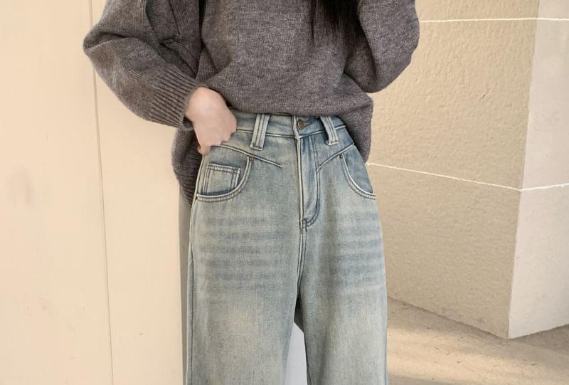 High Waist Fleece-Lined Washed Wide Leg Jeans Product Image