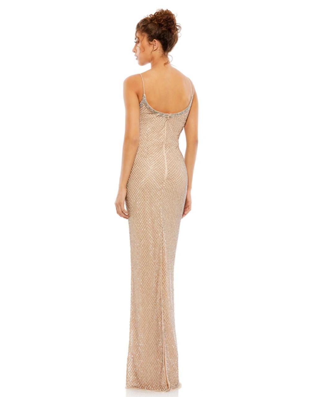 Beaded Spaghetti Strap Column Gown In Beige Product Image