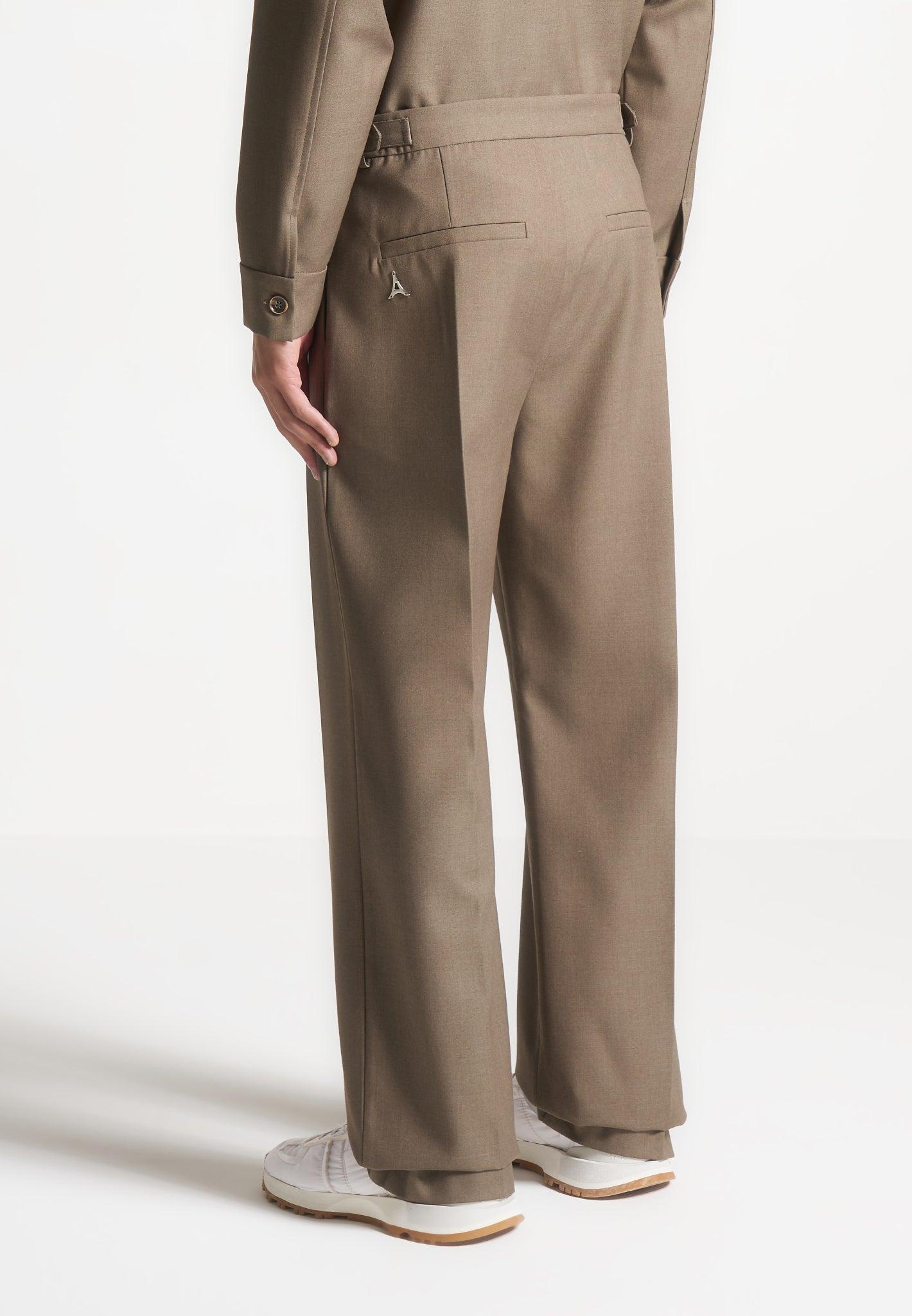 Relaxed Fit Hatched Pleated Tailored Trousers - Khaki Male Product Image