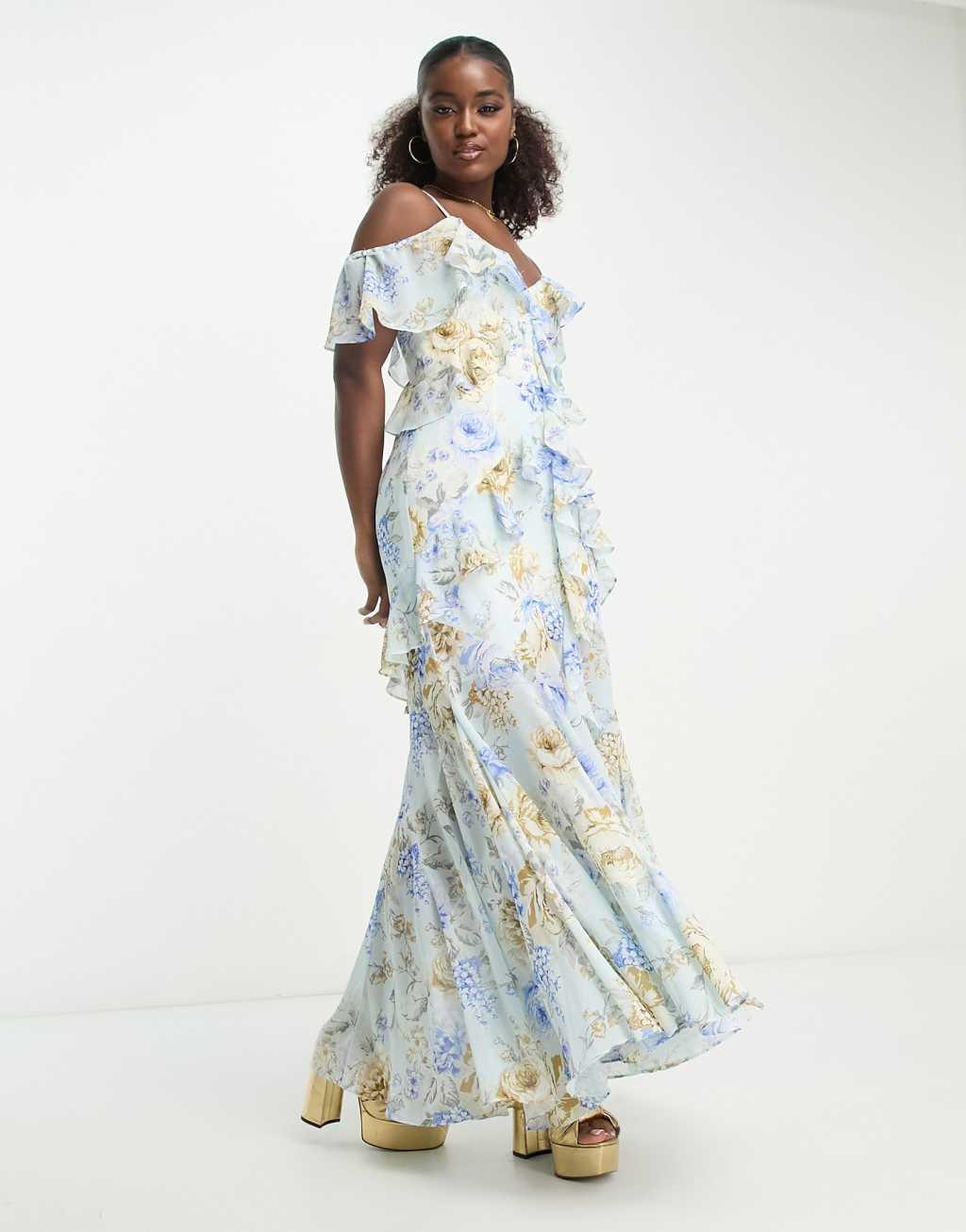 Ever New off shoulder maxi dress In blue floral Product Image