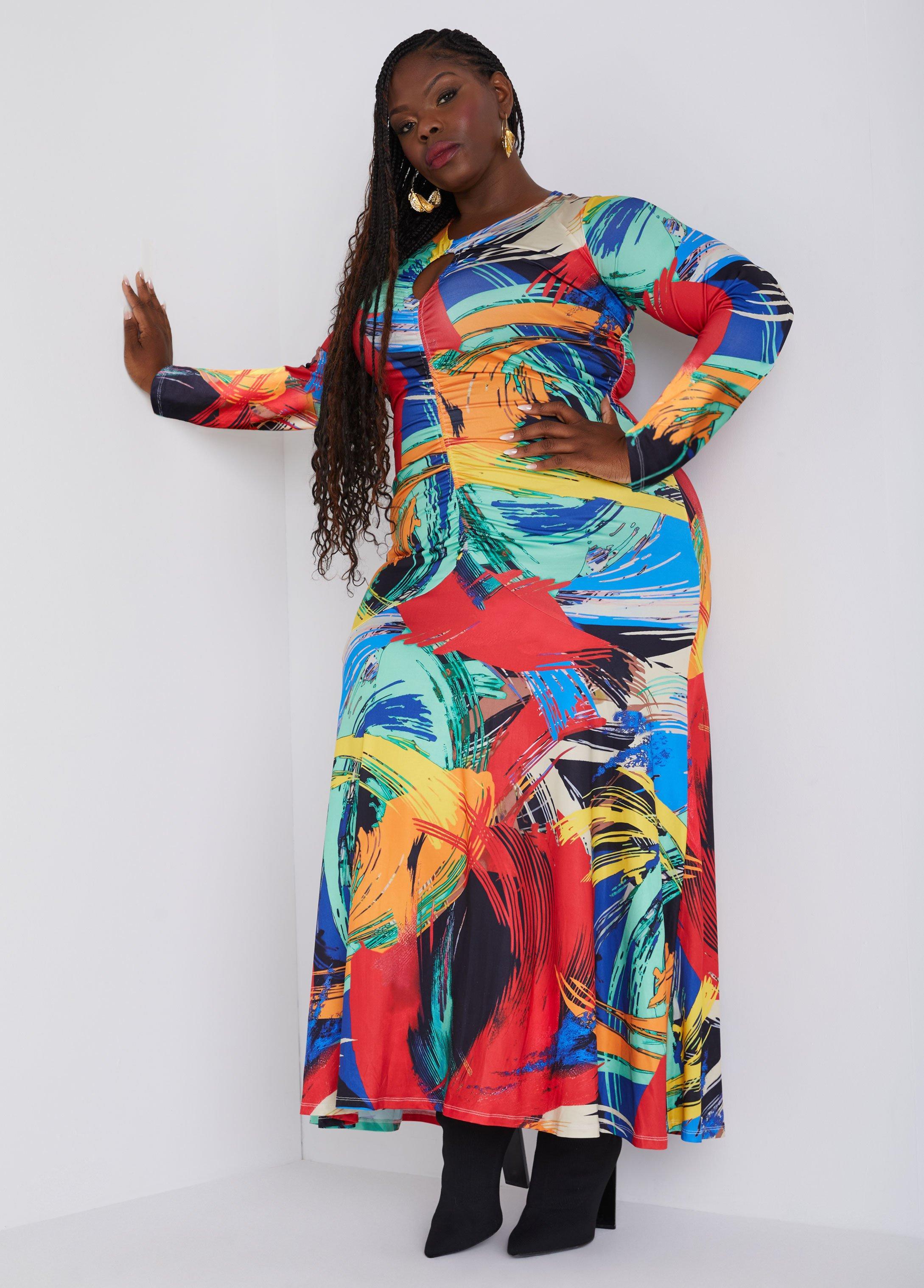 Ruched Printed Keyhole Maxi Dress Product Image