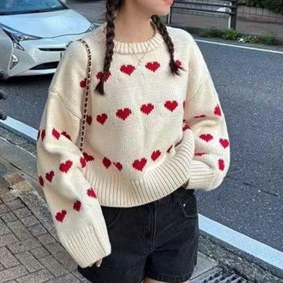 Round Neck Heart Print Sweater Product Image