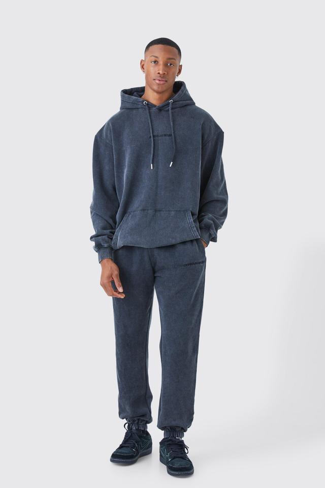 Mens Grey Oversized Official Acid Wash Hooded Tracksuit, Grey Product Image