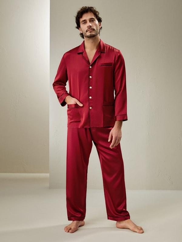 22 Momme Long Silk Pajamas Set with Contrast Trim Product Image