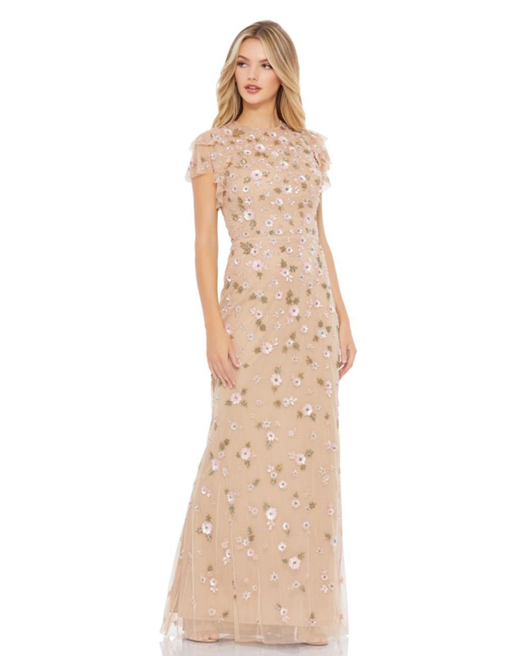 Embellished High Neck Flutter Sleeve Gown In Nude Multi Product Image