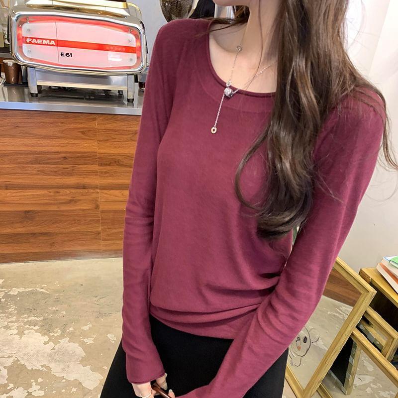 Long-Sleeve Crewneck Plain Knit Top Product Image