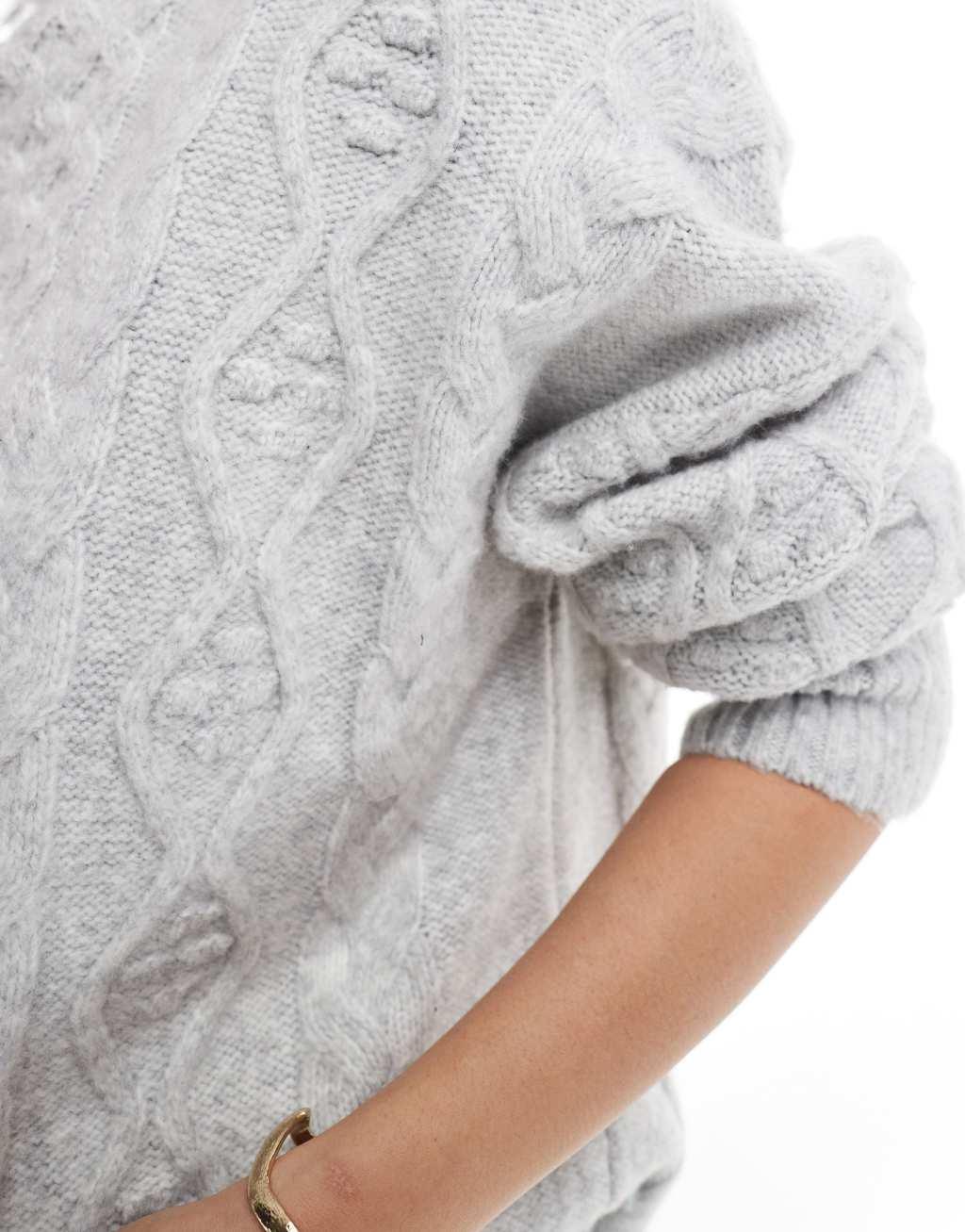 French Connection cable knit long sleeve knit sweater in light gray  Product Image