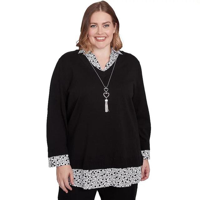 Plus Size Alfred Dunner Heart Woven Trim Two-In-One Sweater, Womens Product Image