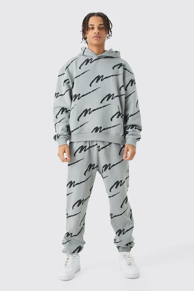 Man Signature All Over Print Boxy Hooded Tracksuit | boohooMAN USA Product Image