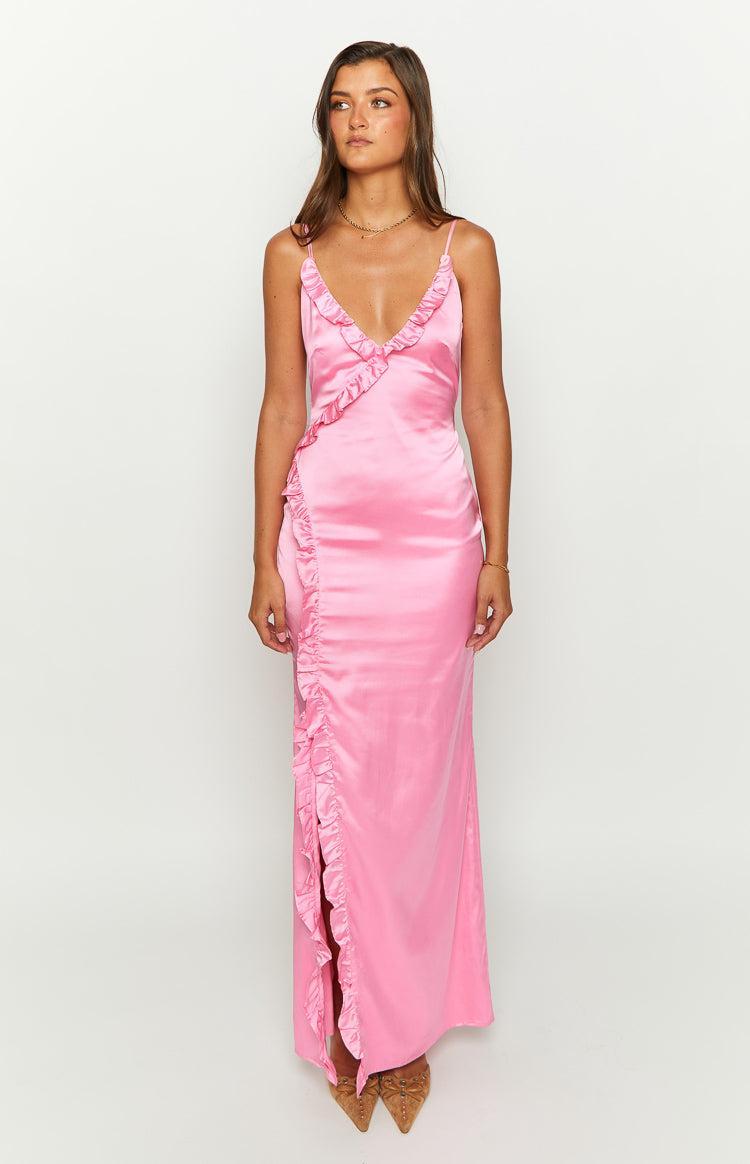 Nahanee Pink Satin Ruffle Maxi Dress Product Image