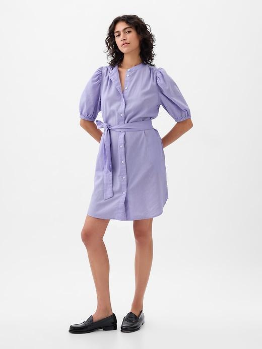 Linen-Cotton Puff Sleeve Mini Shirtdress Product Image