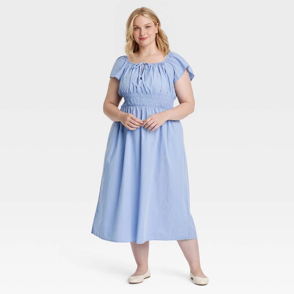 Womens Smocked Flutter Sleeve Midi A-Line Dress - Universal Thread Blue XXL Product Image