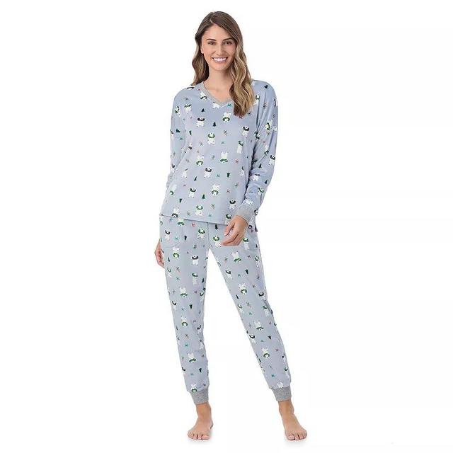 Womens Cuddl Duds Velour Fleece V-Neck Pajama Top & Pajama Bottoms Set Green Trees Product Image