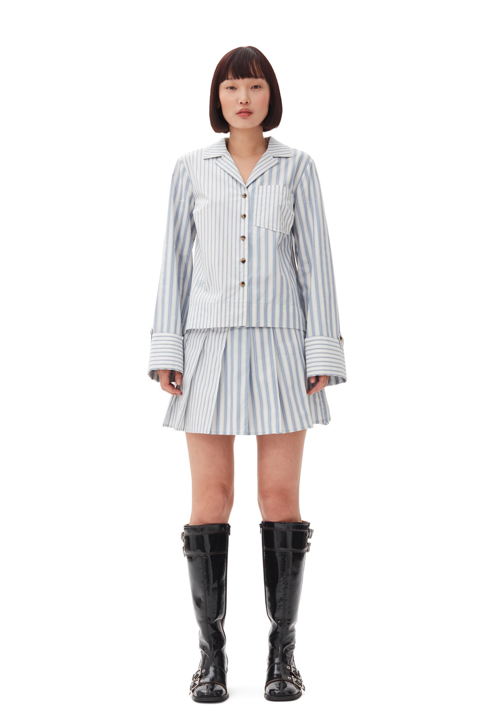 Blue Stripe Cotton Pleated Mini Skirt Product Image